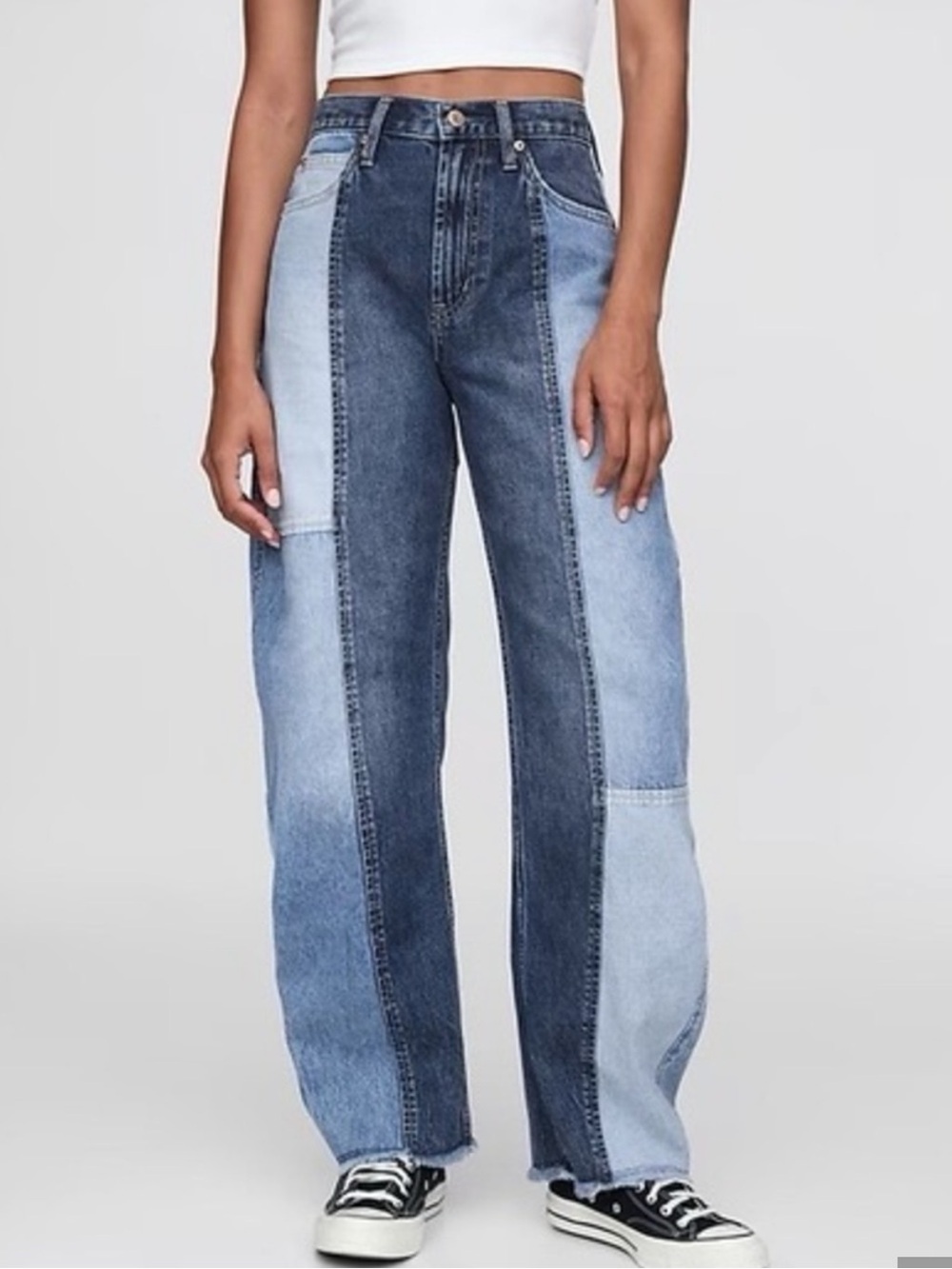 Gap High Rise Barrel Jeans | Two-Tone Patchwork Denim - 24